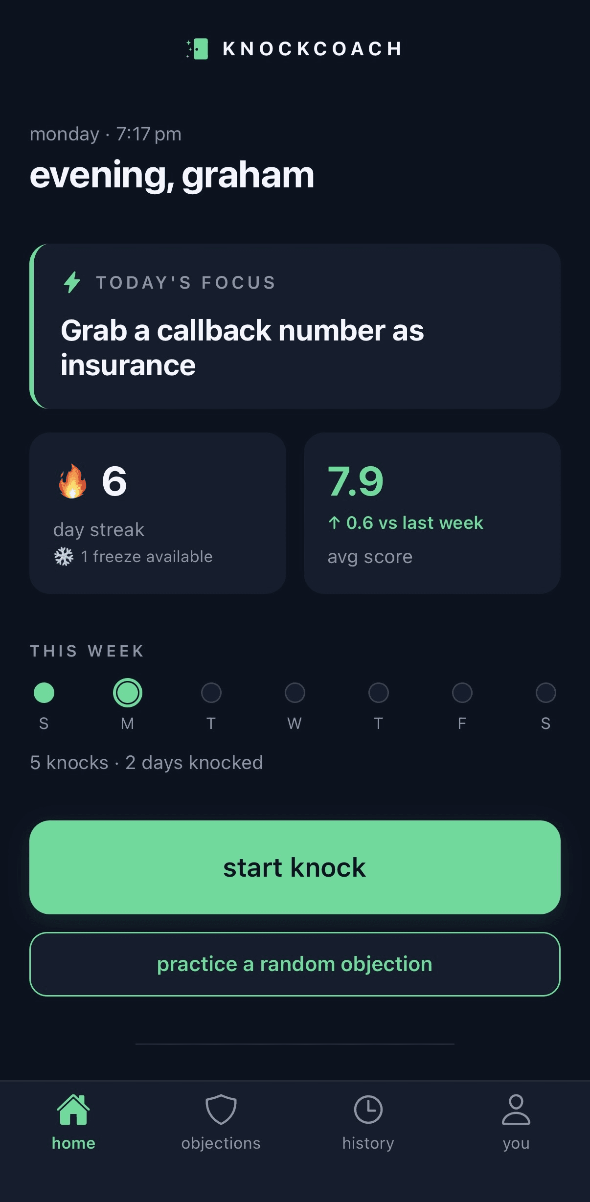 Daily Focus screen in the KnockCoach app