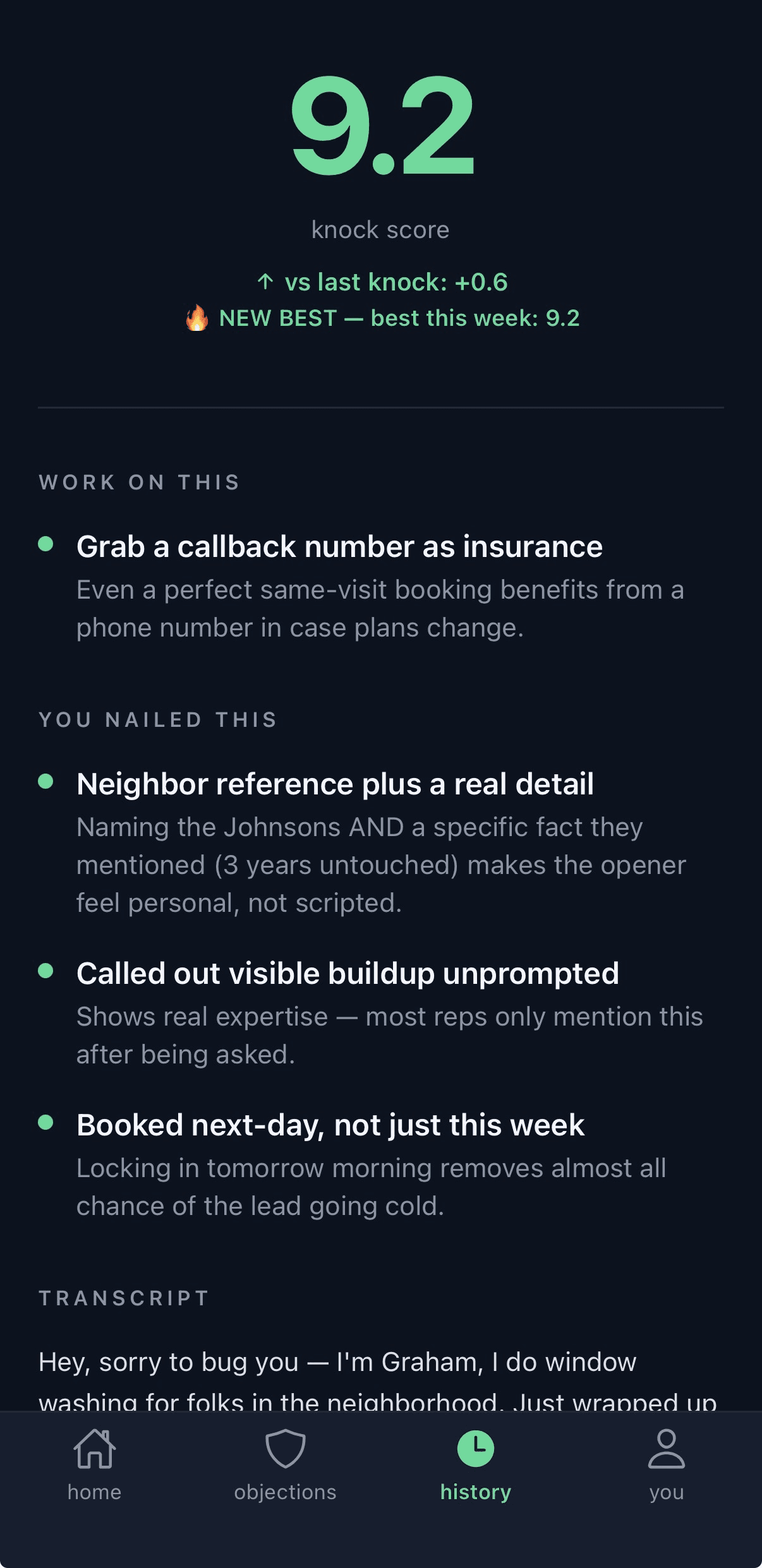 Coach Card screen in the KnockCoach app